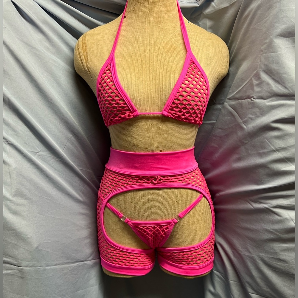 3pc Pink Fishnet Lingerie Set
